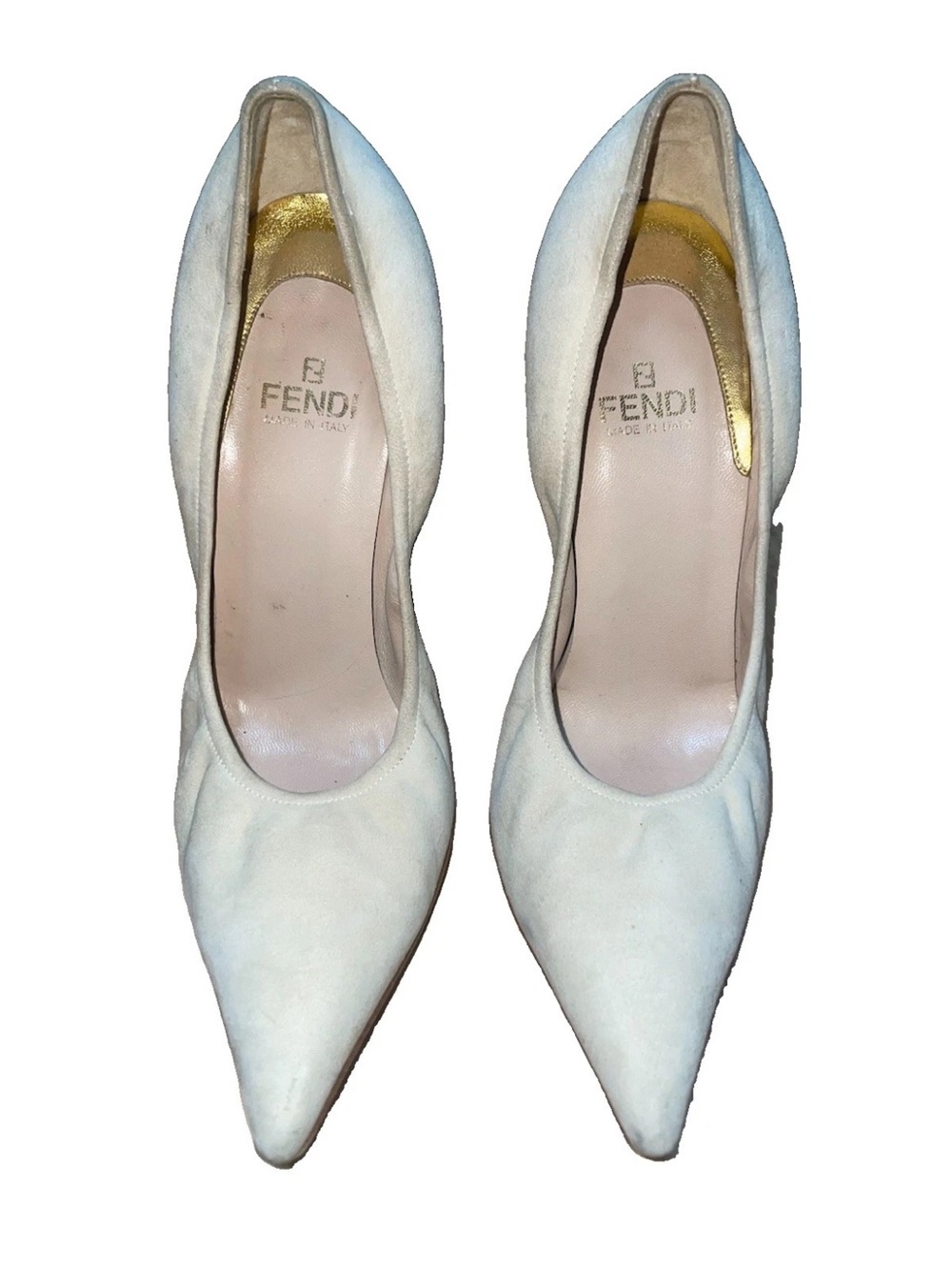 Vintage Fendi Cream Pointed-Toe Suede Pumps, Wood Cone Heel. Size 7 US